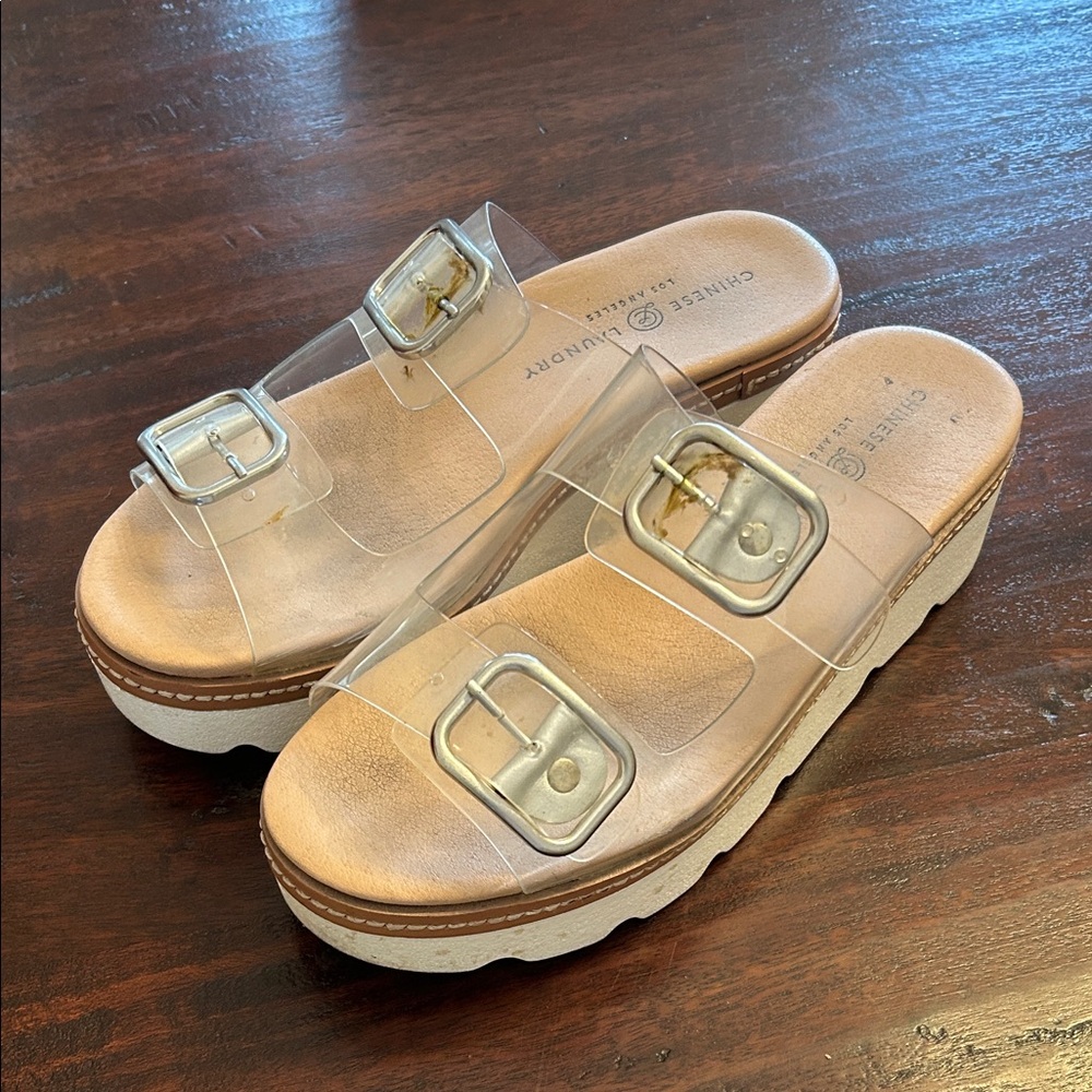 Chinese Laundry Clear Buckle platform Mules